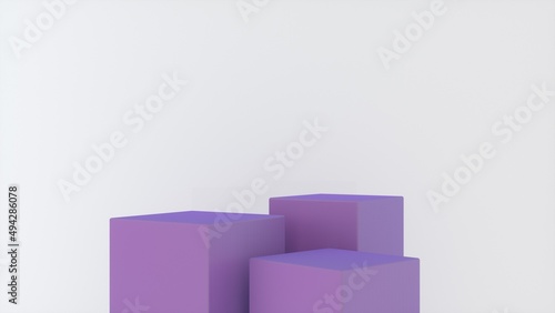 Three empty Purple glossy stands and abstract white geometry background. Podium, pedestal, platform for cosmetic product presentation, showcase. Minimalist mock up scene, concept template. 3d render