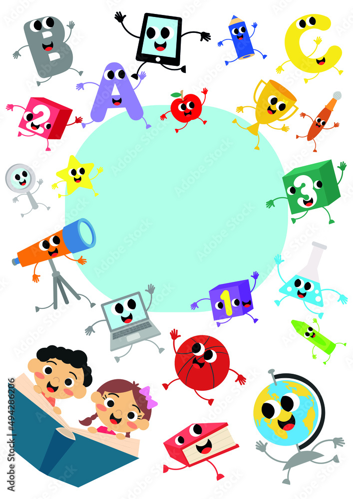 Obraz premium Cute kids and school objects flying with books