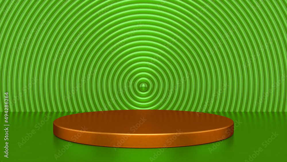 Chrome glossy Green Orange podium and abstract geometry background. Round podium, pedestal, platform for cosmetic product presentation, showcase. Minimalist mock up scene, concept template. 3d render Chrome glossy Green Orange podium and abstract geometry background. Round podium, pedestal, platform for cosmetic product presentation, showcase. Minimalist mock up scene, concept template. 3d render