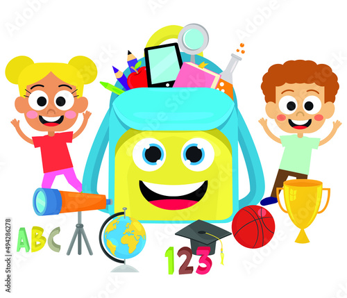 Cute kids, school bag and school objects