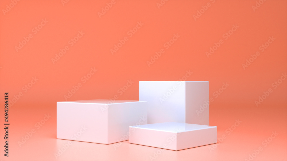 Three empty White glossy stands and abstract Orange geometry background. Podium, pedestal, platform for cosmetic product presentation, showcase. Minimalist mock up scene, concept template. 3d render Three empty White glossy stands and abstract Orange geometry background. Podium, pedestal, platform for cosmetic product presentation, showcase. Minimalist mock up scene, concept template. 3d render
