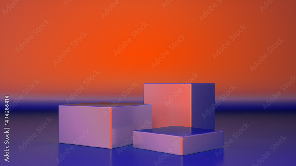 Three empty Colorful glossy stands and abstract geometry background. Podium, pedestal, platform for cosmetic product presentation, showcase. Minimalist mock up scene, concept template. 3d render Three empty Colorful glossy stands and abstract geometry background. Podium, pedestal, platform for cosmetic product presentation, showcase. Minimalist mock up scene, concept template. 3d render