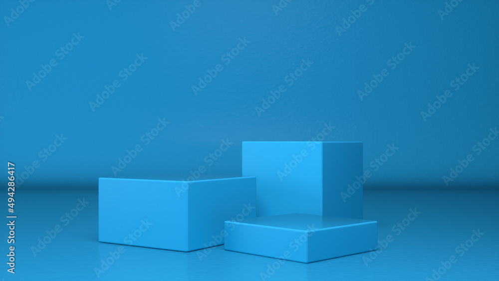 Three empty Blue glossy stands and abstract geometry background. Podium, pedestal, platform for cosmetic product presentation, showcase. Minimalist mock up scene, concept template. 3d render Three empty Blue glossy stands and abstract geometry background. Podium, pedestal, platform for cosmetic product presentation, showcase. Minimalist mock up scene, concept template. 3d render