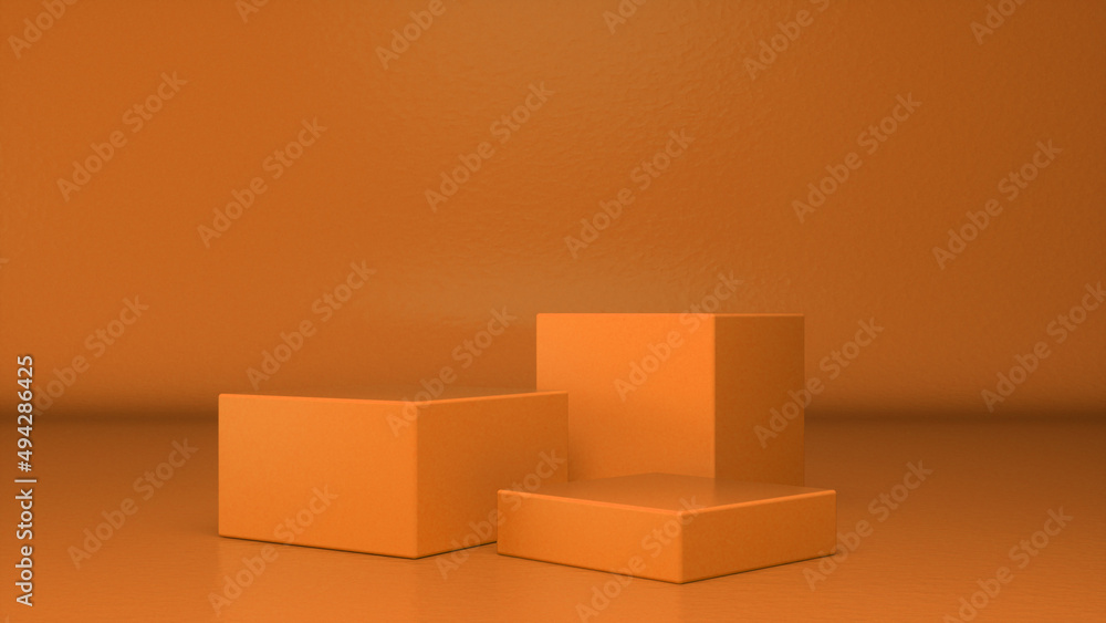 Three empty Orange glossy stands and abstract geometry background. Podium, pedestal, platform for cosmetic product presentation, showcase. Minimalist mock up scene, concept template. 3d render Three empty Orange glossy stands and abstract geometry background. Podium, pedestal, platform for cosmetic product presentation, showcase. Minimalist mock up scene, concept template. 3d render