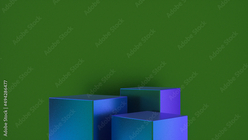 Three empty Colorful glossy stands and abstract Green geometry background. Podium, pedestal, platform for cosmetic product presentation, showcase. Minimalist mock up scene, concept template. 3d render Three empty Colorful glossy stands and abstract Green geometry background. Podium, pedestal, platform for cosmetic product presentation, showcase. Minimalist mock up scene, concept template. 3d render