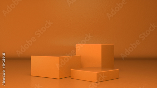 Three empty Orange glossy stands and abstract geometry background. Podium, pedestal, platform for cosmetic product presentation, showcase. Minimalist mock up scene, concept template. 3d render
