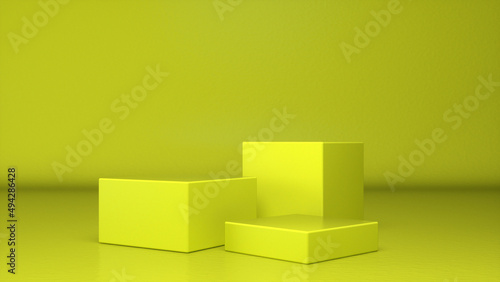 Three empty Yellow glossy stands and abstract geometry background. Podium, pedestal, platform for cosmetic product presentation, showcase. Minimalist mock up scene, concept template. 3d render