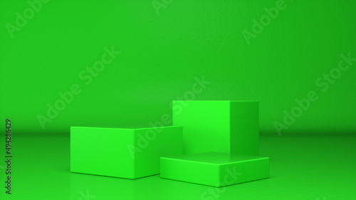 Three empty Green glossy stands and abstract geometry background. Podium, pedestal, platform for cosmetic product presentation, showcase. Minimalist mock up scene, concept template. 3d render
