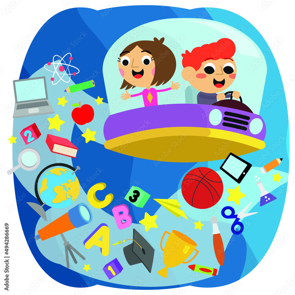 Cute kids and school objects on a spaceship Cute kids and school objects on a spaceship
