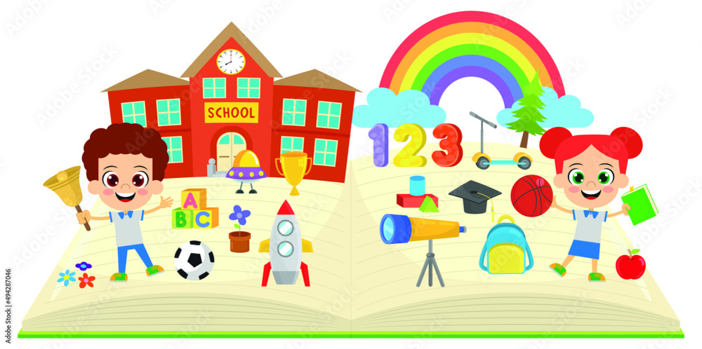 Cute kids and school objects standing on the book Cute kids and school objects standing on the book