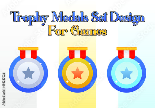 Set of Game rating icons with medals.Game Medal design. Vector Illustration, Vector round assets for game design.Award vector illustration. Medal set design for games. Achievement level set design.