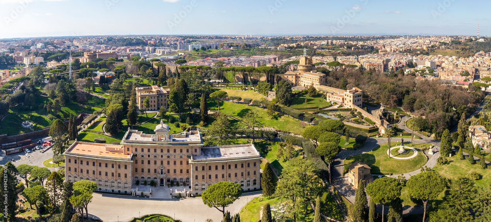 Panoramic aerial view of Vatican Gardens and Governor's Palace (Palazzo del Governatorato) from St. Peter's Basilica. Vatican City, Rome, Italy.