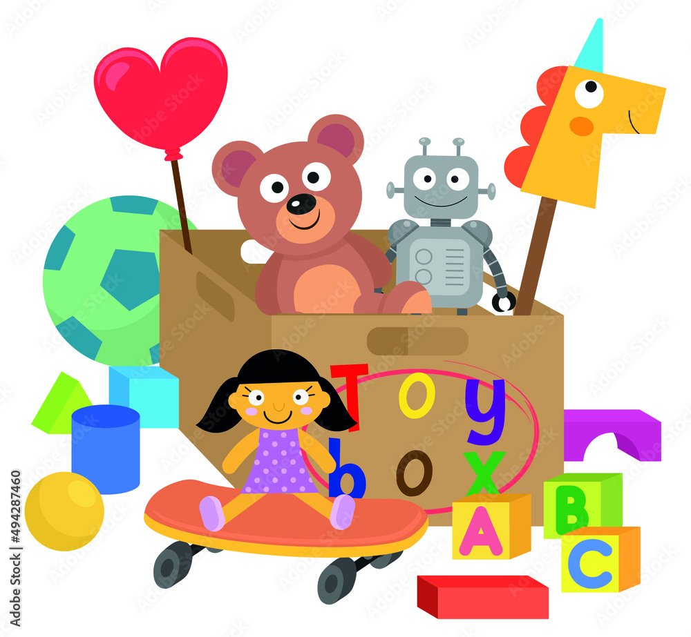 Various children's toys inside and outside the toy box Various children's toys inside and outside the toy box