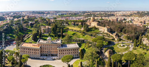 Panoramic aerial view of Vatican Gardens and Governor's Palace (Palazzo del Governatorato) from St. Peter's Basilica. Vatican City, Rome, Italy. photo