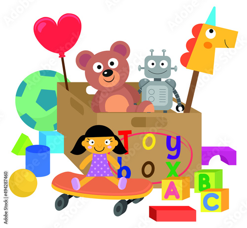 Various children's toys  inside and outside  the toy box
