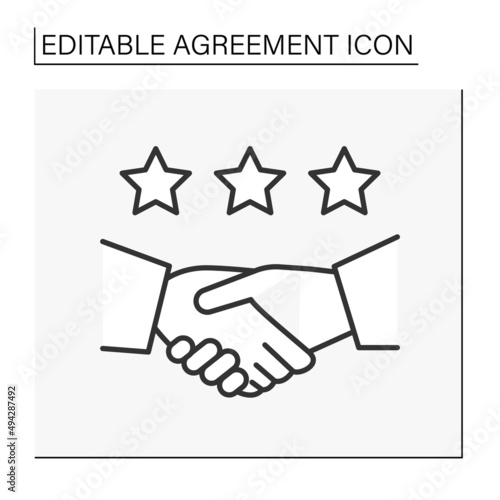  Deal line icon. Good deal and service. Three stars rating. Handshake between partners.Agreement concept. Isolated vector illustration. Editable stroke