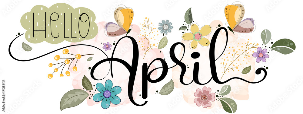 Hello april with flowers, butterflies and leaves. Illustration april month	 - obrazy, fototapety, plakaty 