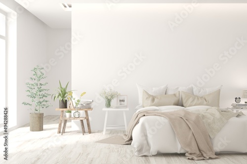 White living room with sofa. Scandinavian interior design. 3D illustration