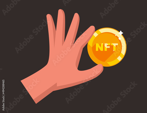a man holds a NFT gold coin in his hand. flat vector illustration.
