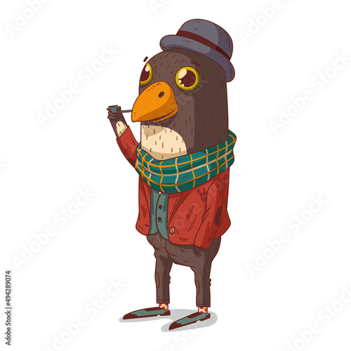 A hipster bird, isolated vector illustration. Stylish trendy dressed bird. Elegant anthropomorphic bird wearing a plaid scarf and a bowler hat, smoking a pipe. An animal character with a human body.