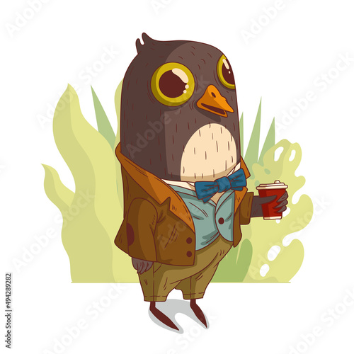 A Coffee break, vector illustration. Morning coffee. Anthropomorphic elegant pigeon in retro outfit holding a cup of coffee. An animal character with a human body. Humanized bird. A city dweller.