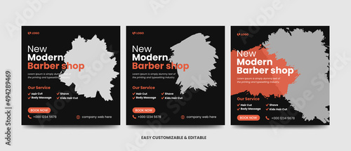Modern barbershop social media post set. Editable salon web banner template