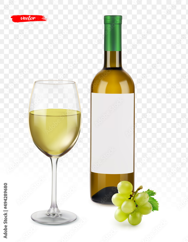 Fototapeta premium Wine bottle with glass ang grape isolated. Mockup for your design.