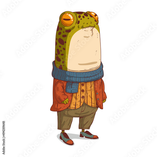 An arrogant frog, isolated vector illustration. Casually dressed mannered anthropomorphic frog. Cartoon illustration of a proud trendy dressed humanized toad. An animal character with a human body.