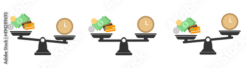 Money and Time balance an imbalance of scales. Clock and money symbols on scale. Set of Scales. Time is Money