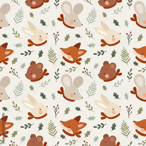 Animal Seamless Pattern, Fox and Rabbit bunny background vector, Rat and Teddy Bear nursery wallpaper