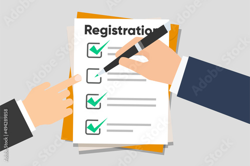 Man hold Registration clipboard with checklist. Man hold in hand clipboard agreement. Flat design, vector illustration