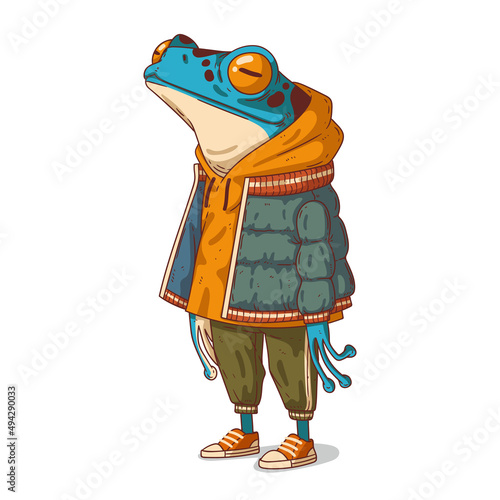 A dreamy frog admiring something, vector illustration. Cute anthropomorphic casually dressed toad, looking up observing something. An animal character with a human body. Humanized blue exotic frog. © Kyyybic