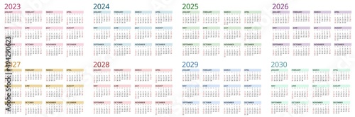 Calendar Planner 2023, 2024, 2025, 2026, 2027, 2028, 2029, 2030. Calendar template. Design Print Template. Week Starts on Sunday