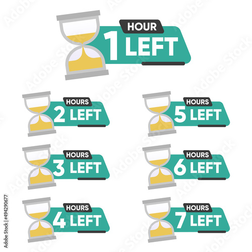  Countdown 1, 2, 3, 4, 5, 6, 7 hours left label or emblem set. Hours left counter icon with hour glass promotion, promo offer. Flat badge with number of count down time. 