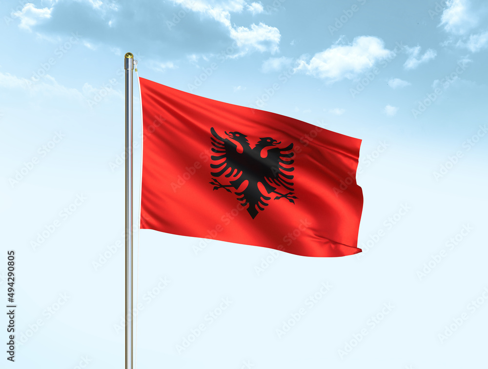 Albania national flag waving in blue sky with clouds. Albania flag. 3D illustration Albania national flag waving in blue sky with clouds. Albania flag. 3D illustration