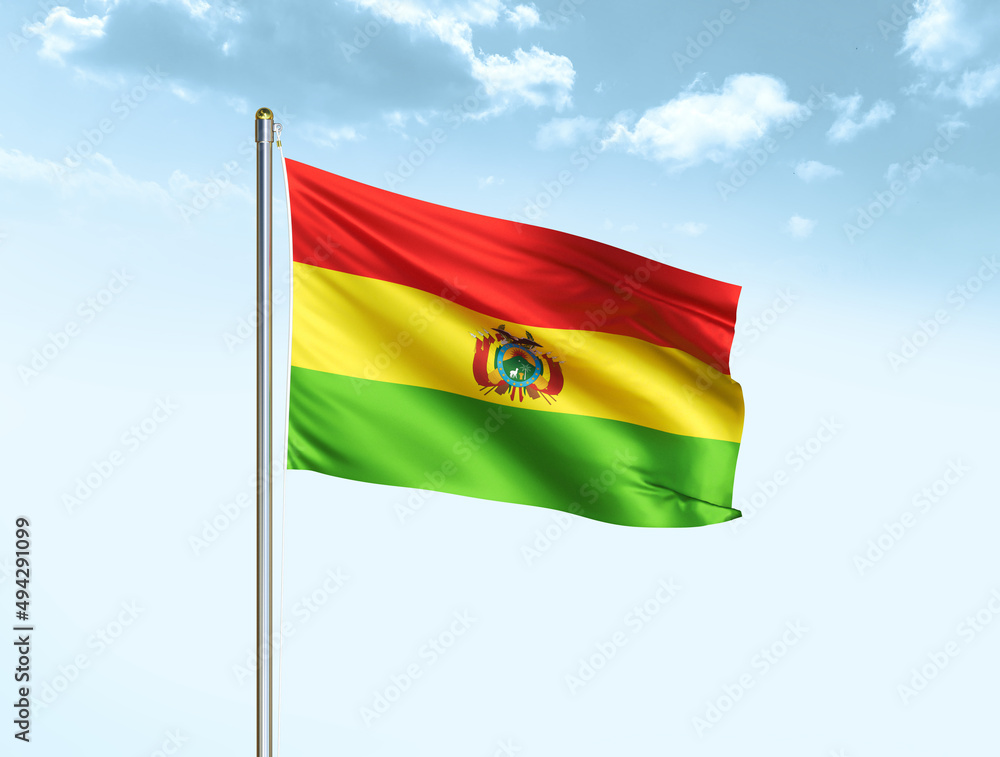 Bolivia national flag waving in blue sky with clouds. Bolivia flag. 3D illustration Bolivia national flag waving in blue sky with clouds. Bolivia flag. 3D illustration