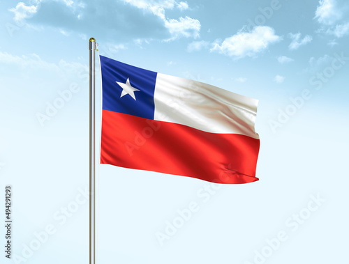 Chile national flag waving in blue sky with clouds. Chile flag. 3D illustration Free Download Chile national flag waving in blue sky with clouds. Chile flag. 3D illustration - GFXLoad