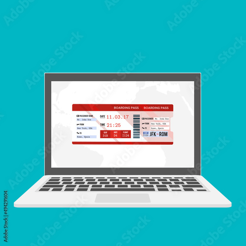 Laptop with electronic boarding pass airline ticket icon isolated on blue background. Passenger plane mobile ticket for web and app. 