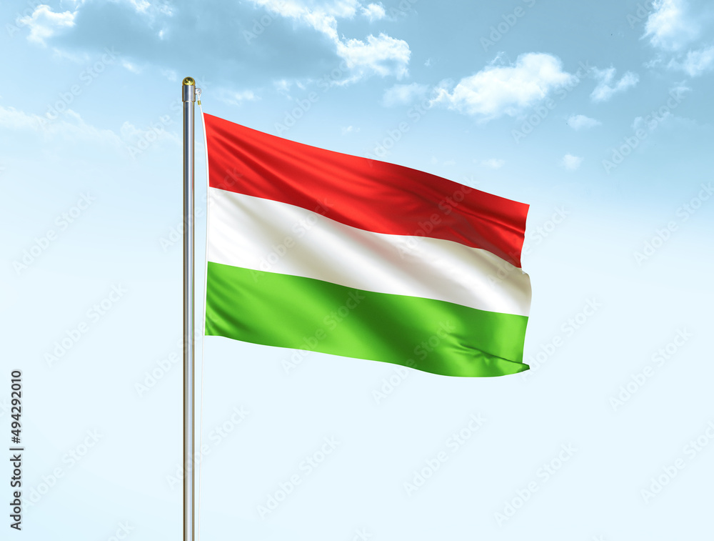 Hungary national flag waving in blue sky with clouds. Hungary flag. 3D illustration Hungary national flag waving in blue sky with clouds. Hungary flag. 3D illustration