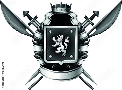 black and white coat of arms with crown, shield, arms and ribbon