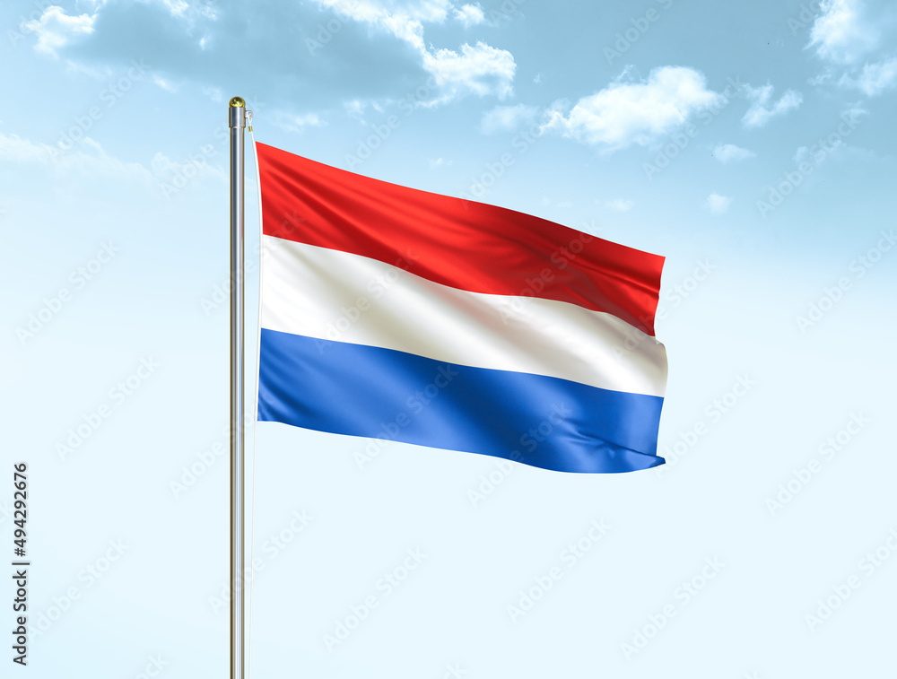 Netherlands national flag waving in blue sky with clouds. Netherlands flag. 3D illustration Netherlands national flag waving in blue sky with clouds. Netherlands flag. 3D illustration