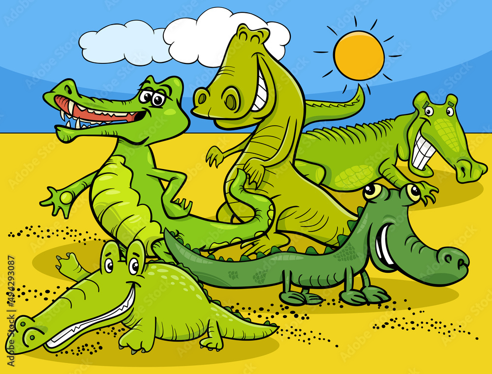 Naklejka premium funny cartoon crocodiles wild animal characters group