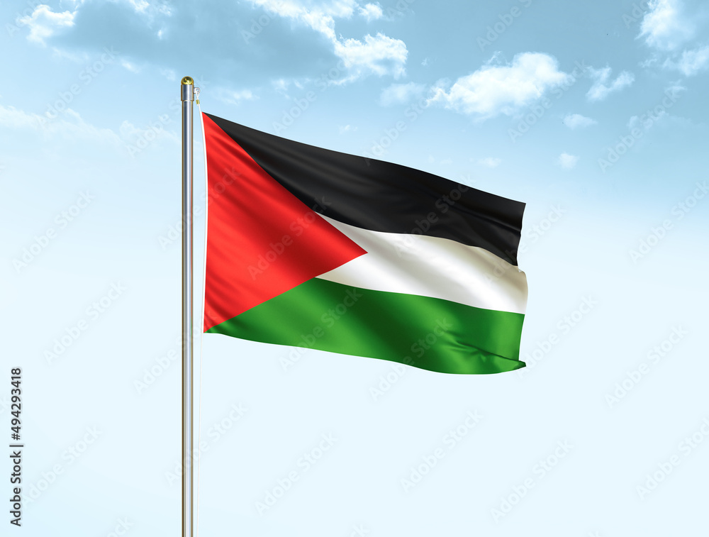 State of Palestine national flag waving in blue sky with clouds. Palestine flag. 3D illustration State of Palestine national flag waving in blue sky with clouds. Palestine flag. 3D illustration