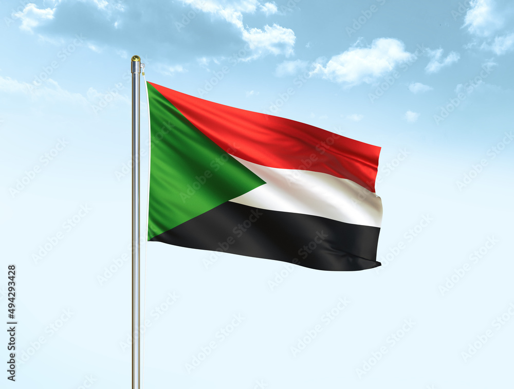 Sudan national flag waving in blue sky with clouds. Sudan flag. 3D illustration