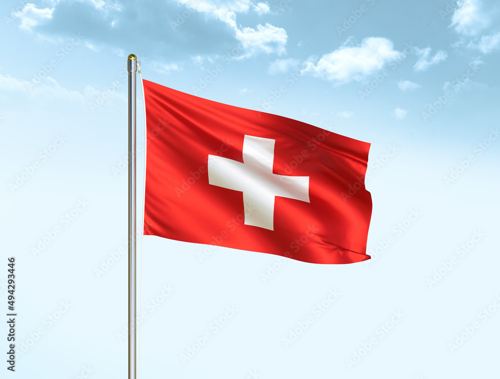 Switzerland national flag waving in blue sky with clouds. Switzerland flag. 3D illustration