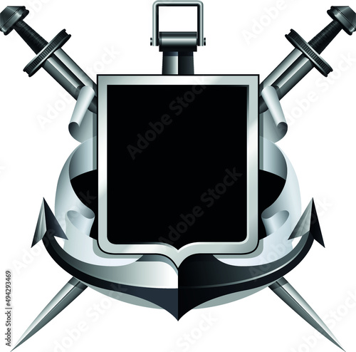black and white coat of arms with shield, anchor, crowds and ribbon