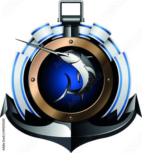 coat of arms with anchor, fish and ribbon