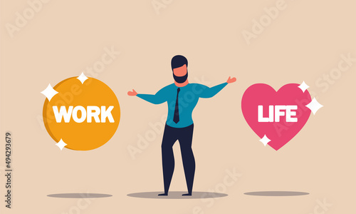 Balance work and life to young people. Difficult choose and decision dilemma to employment vector illustration concept. Human equality and professional imbalance. Lifestyle harmony management and time