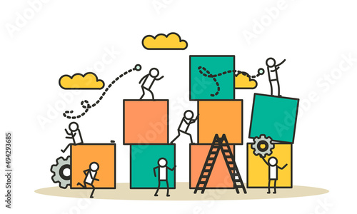 Advertising puzzle from cube block vector flat illustration. Analytics chart business job people teamwork. Community deal banner cooperation jigsaw. Human alliance office group work company team
