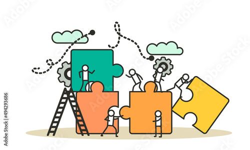 Business team work building puzzle concept vector illustration. People partnership man and woman challenge marketing corporate goal. Jigsaw piece cooperation character. Office banner unity part object